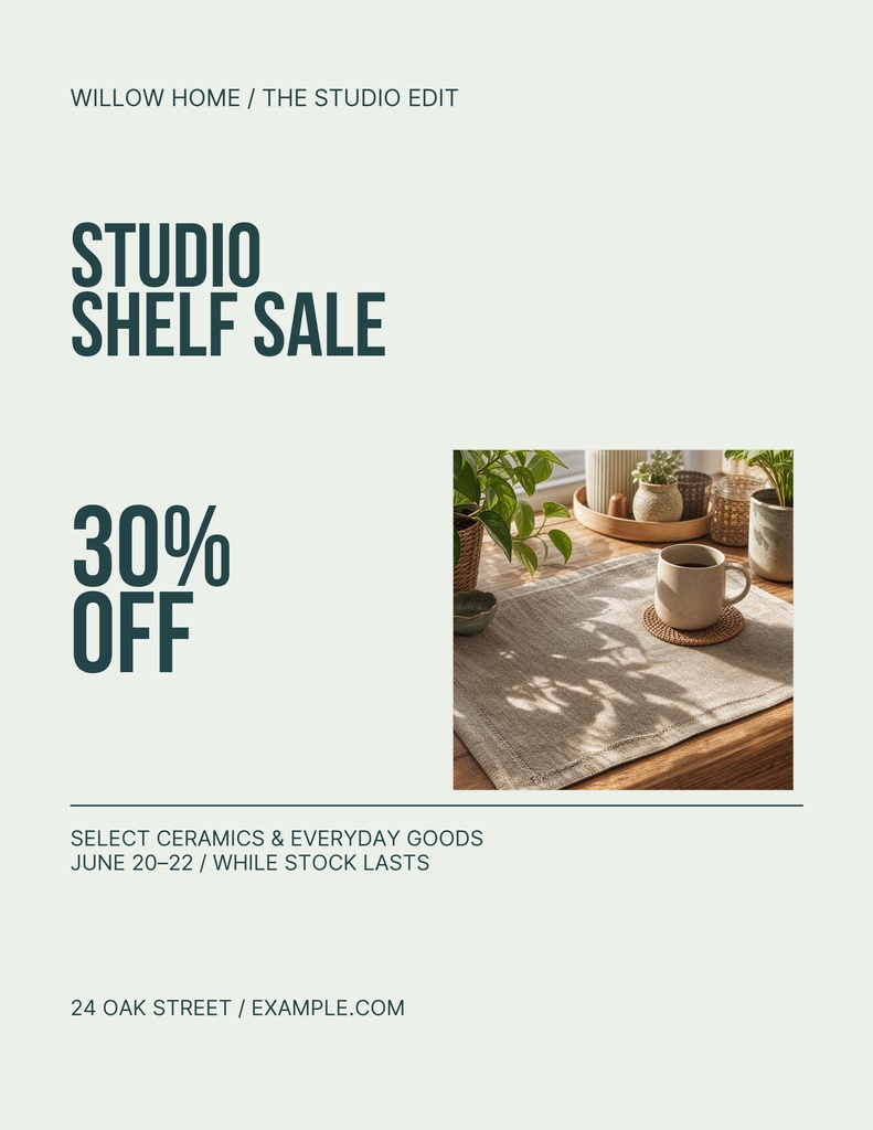 Portrait flyer with bold studio shelf sale text, 30% off offer, and a ceramic home decor photo.
