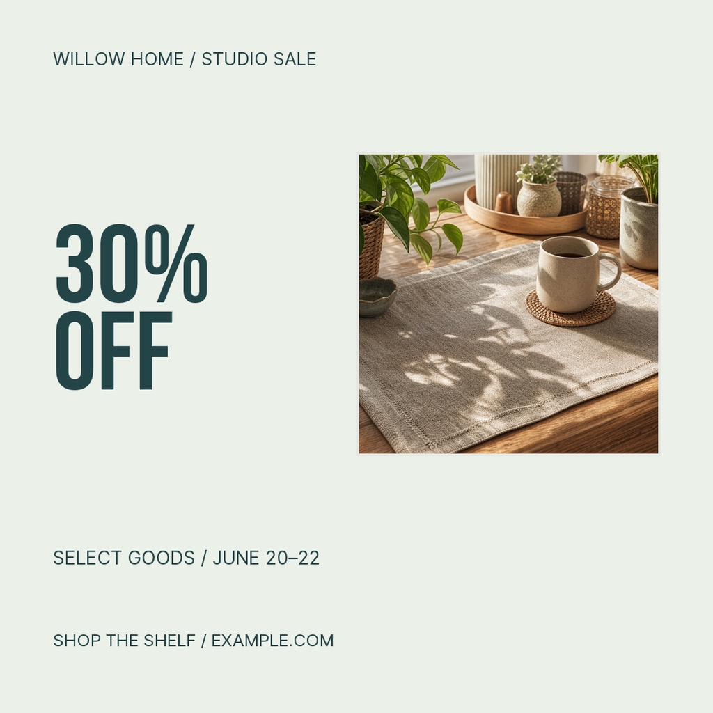 Square promo graphic with 30% off text and a styled shelf with ceramics and a mug.