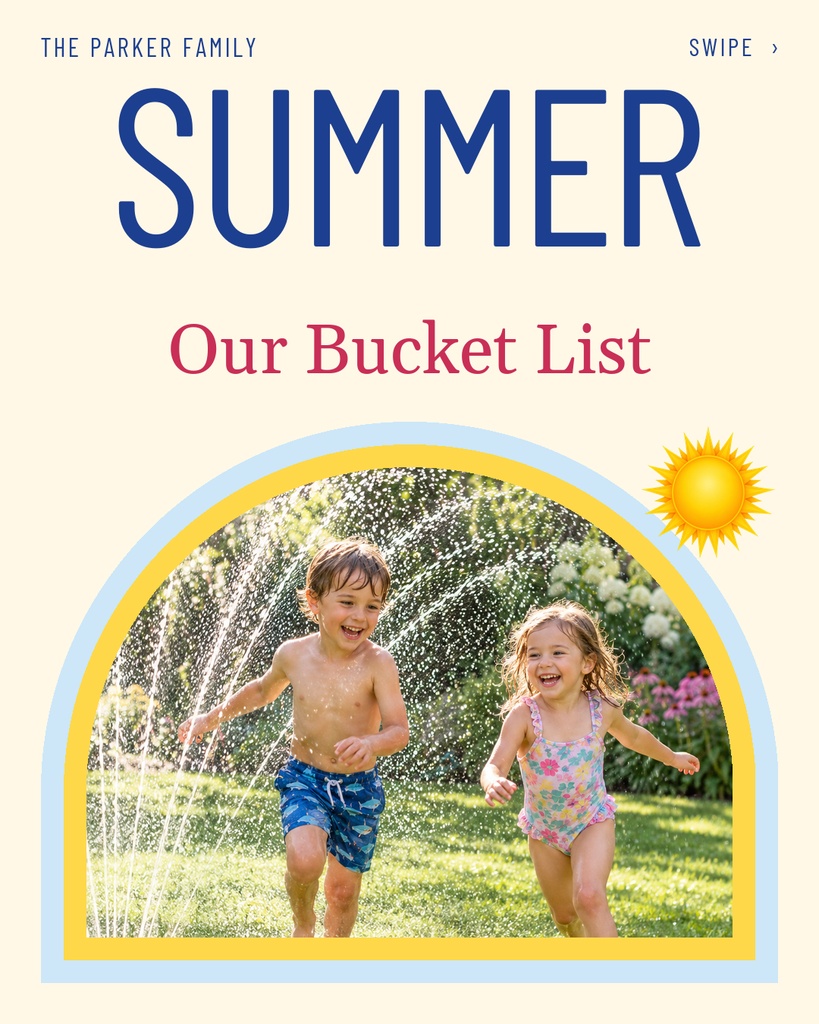 Portrait Instagram carousel cover with large summer title, bucket list text, and two children playing in sprinklers.