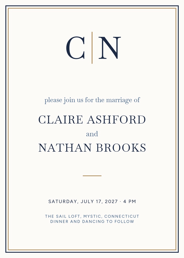 Portrait wedding invitation with navy monogram, thin border, and centered wedding details.