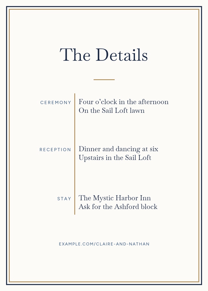 Portrait wedding details card with navy border, cream background, and centered event information