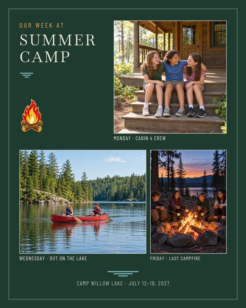 Scrapbook-style summer camp memory page with three photos, captions, and a campfire icon.