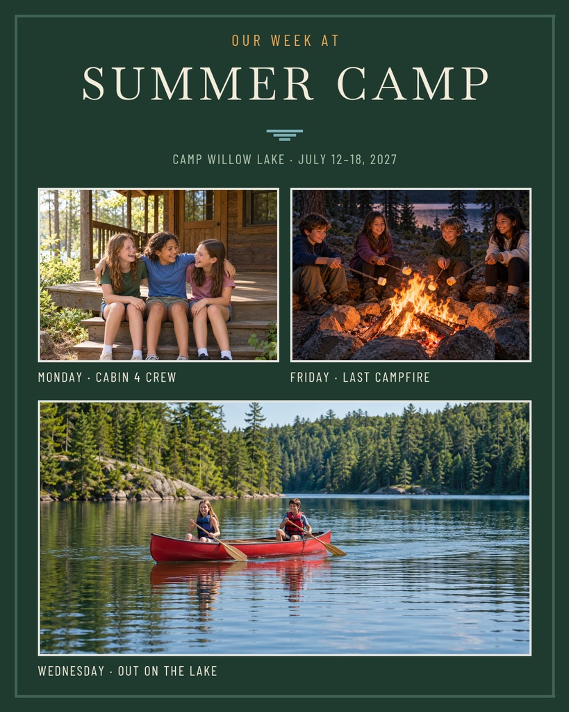 Summer camp portrait collage with three photos, a campfire scene, and a canoe on a lake.