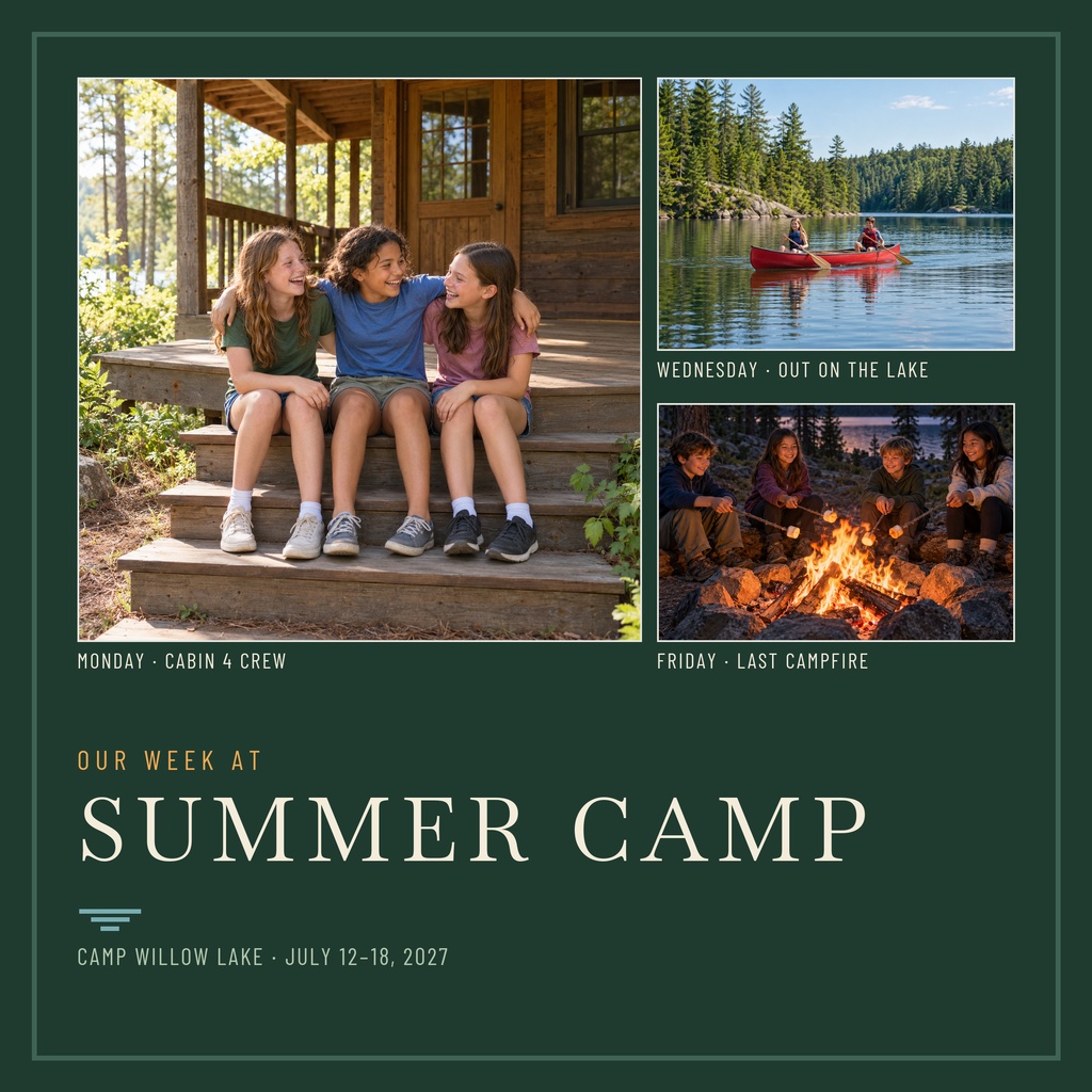 Square collage template with three camp photos and the title Our Week at Summer Camp.
