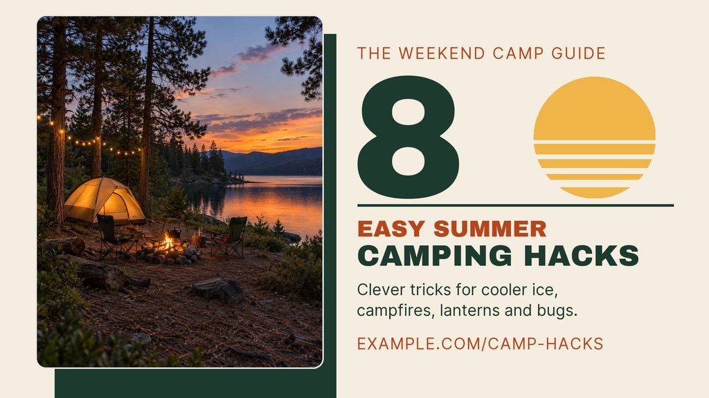 Camping tent by a lake at sunset beside a bold summer camping hacks layout