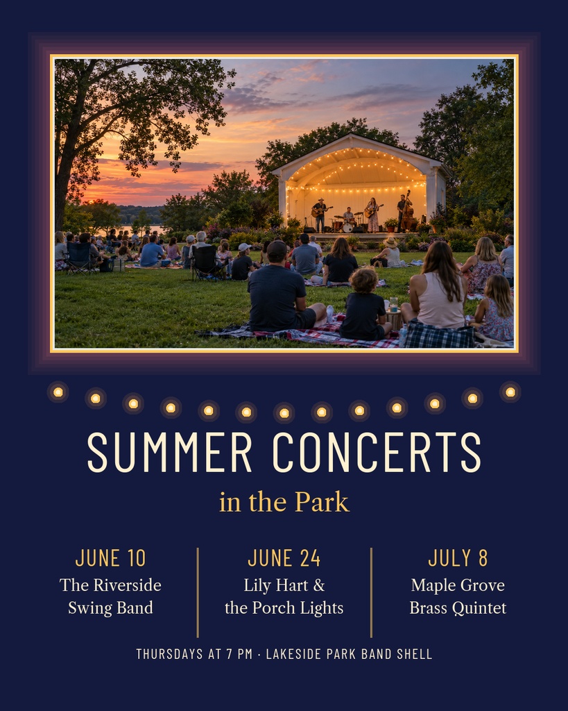 Portrait poster showing an outdoor evening concert with seated crowd and stage lights.