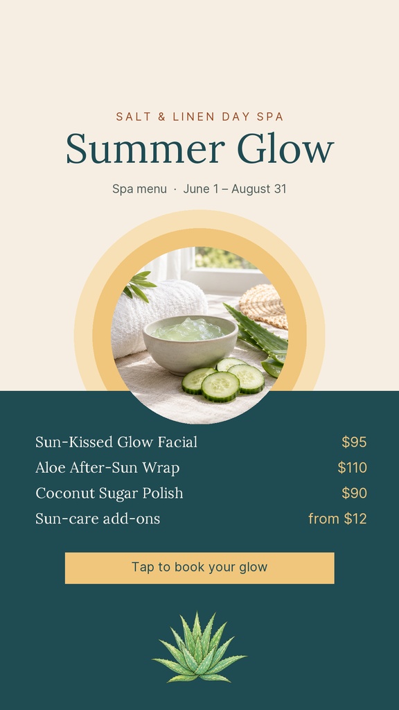 Vertical spa menu story with summer glow title, facial and body treatment list, prices, and aloe image.