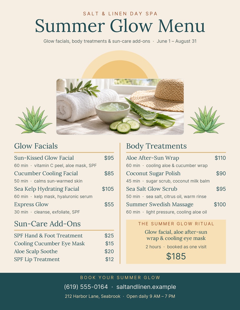 Portrait spa menu with summer glow pricing, facial services, body treatments, and leafy accents.