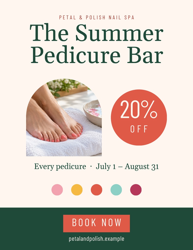 Portrait flyer for a summer pedicure bar with 20% off, booking button, and nail spa branding.