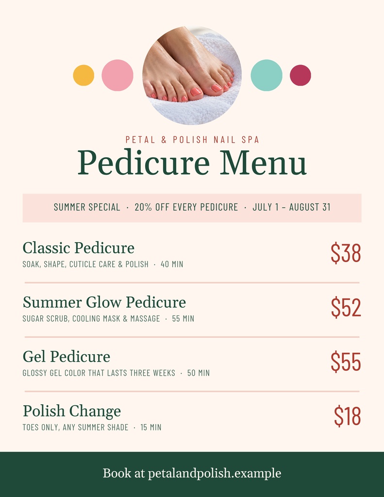Portrait pedicure menu price list with pastel accents and service prices