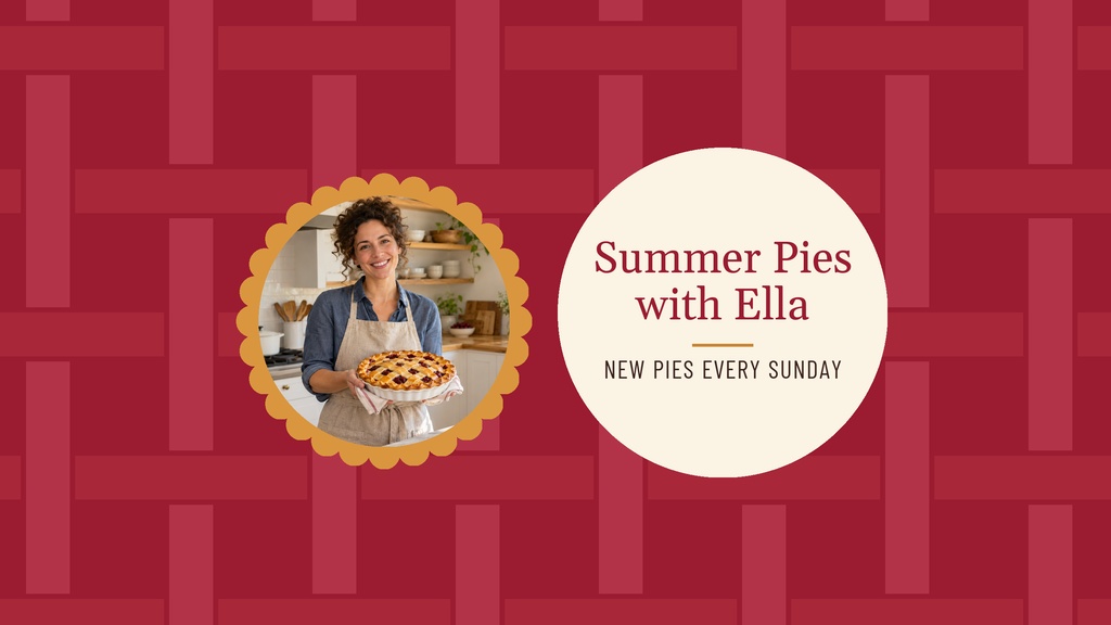 Red patterned banner with a pie photo and text reading Summer Pies with Ella