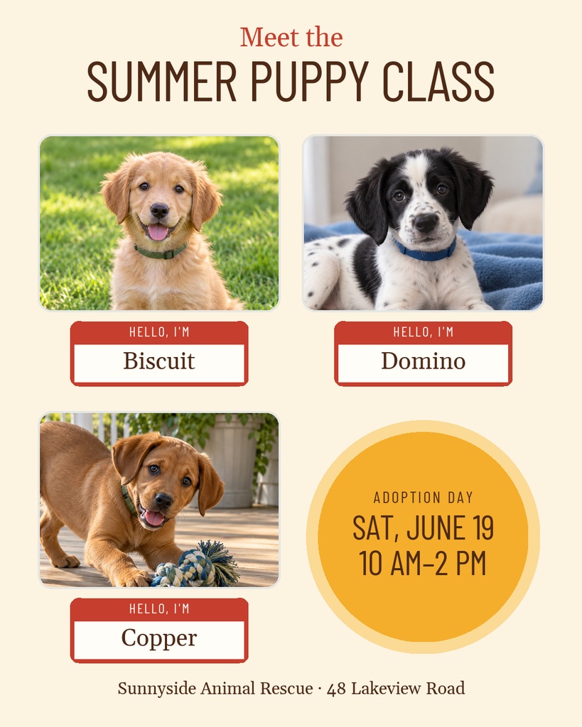 Portrait post template with three puppy photos, name labels, and a summer adoption day announcement.