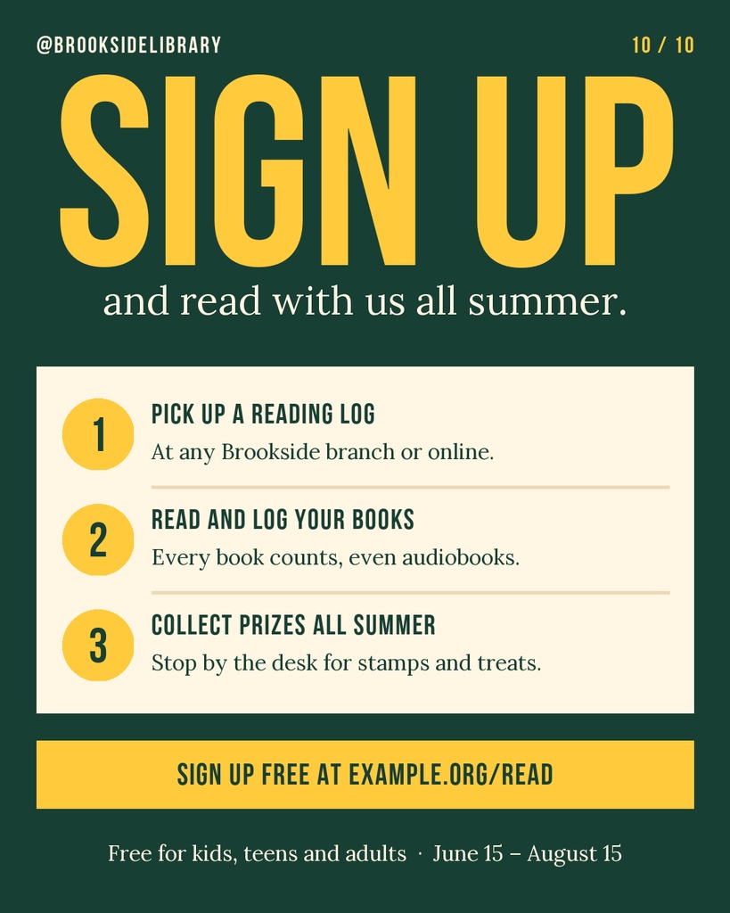 Portrait poster with large Sign Up text, summer reading steps, and a library reading challenge call to action.