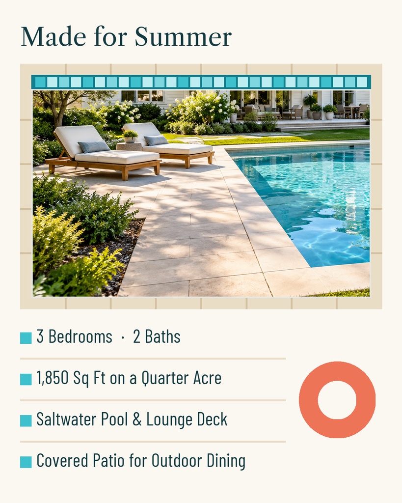 Real estate listing template with poolside house photo, summer header, and property feature bullets.