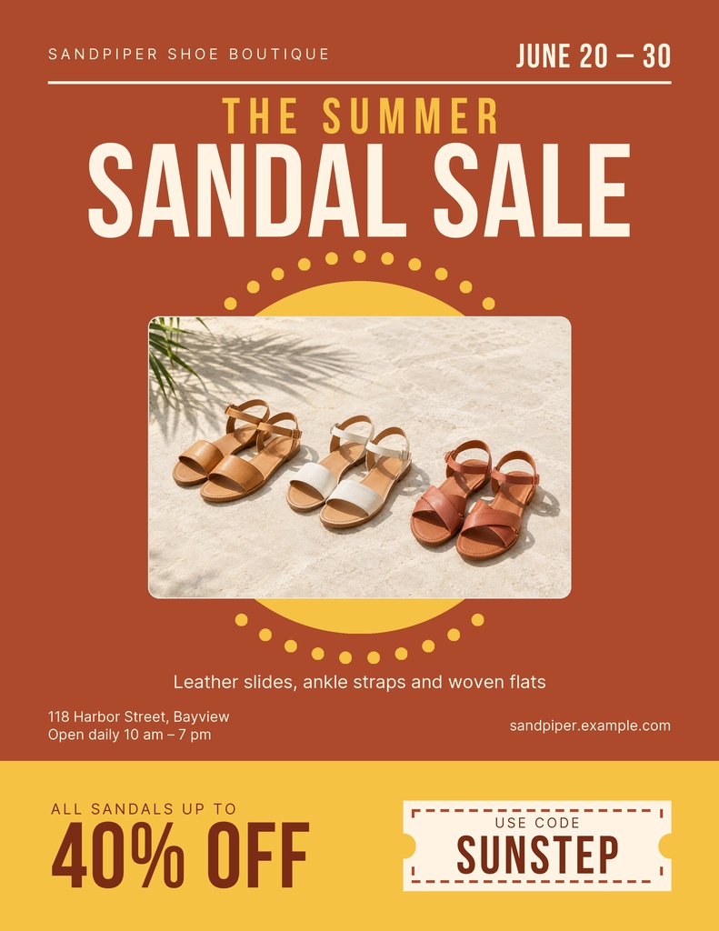 Summer sandal sale flyer with three pairs of sandals, large sale text, and discount details.