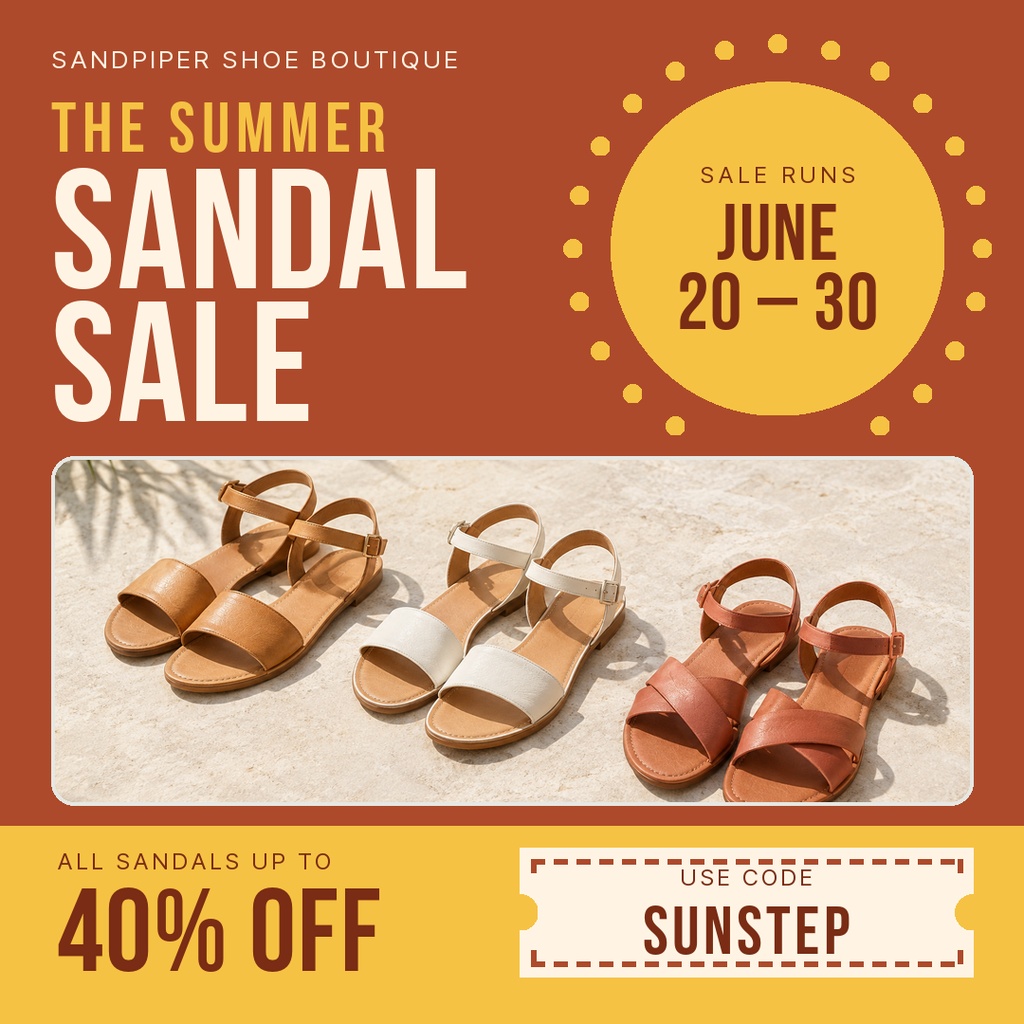 Square sale poster for a shoe boutique featuring sandals, June 20 to 30 dates, and 40% off.