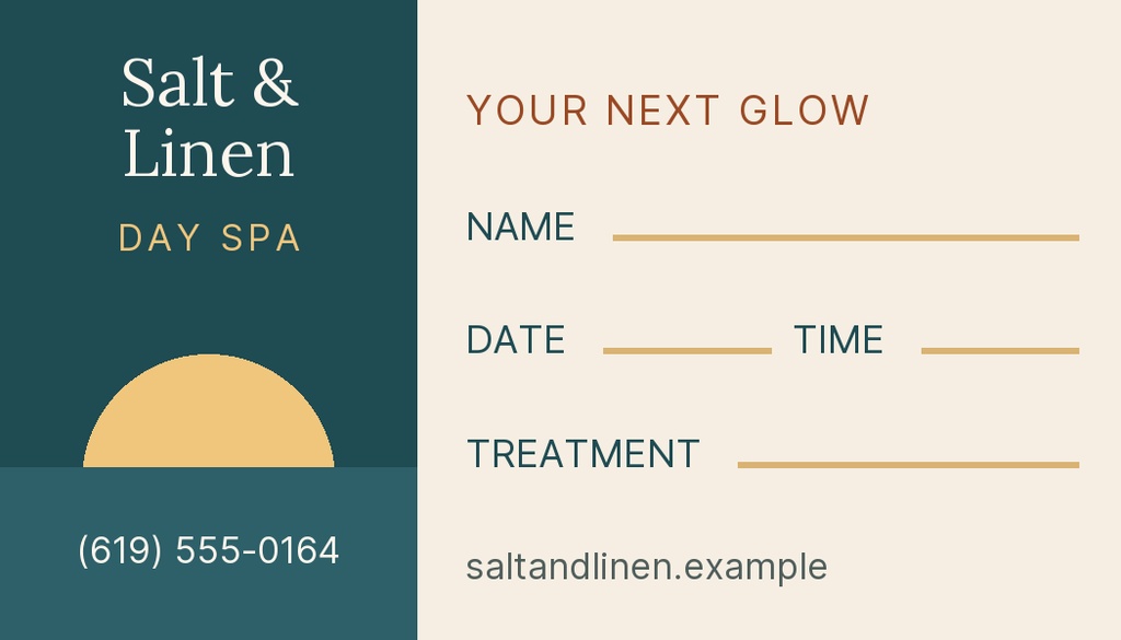 Landscape spa appointment card with teal and beige sections, gold accents, and space for name, date, time, and treatment.