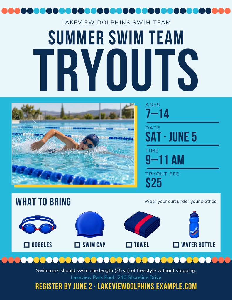 Portrait flyer with swimmer photo, summer swim team tryouts details, and what-to-bring items.