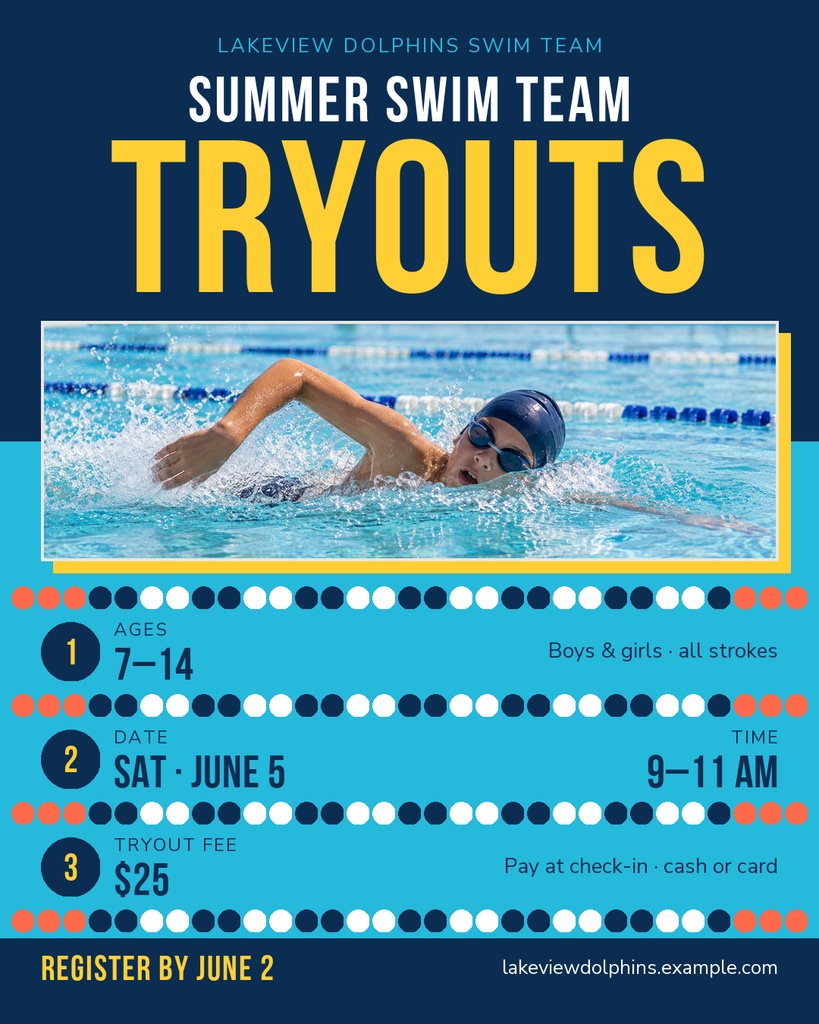 Vertical swim team tryouts poster with a swimmer photo, dates, time, fee, and register by June 2.