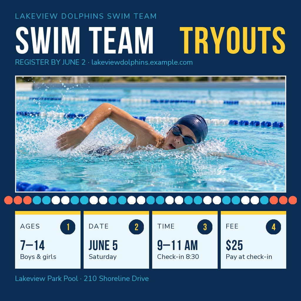 Square swim team tryouts flyer with swimmer photo, event details, and navy blue layout