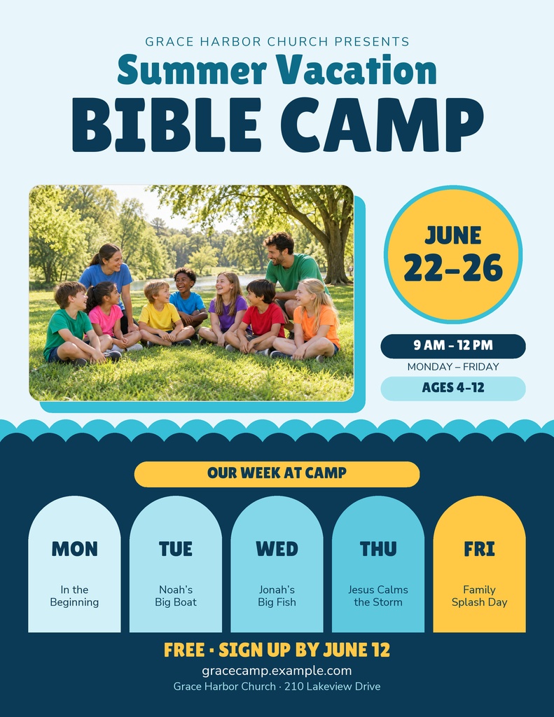Summer vacation Bible camp flyer with children sitting on grass and a weekly camp schedule.