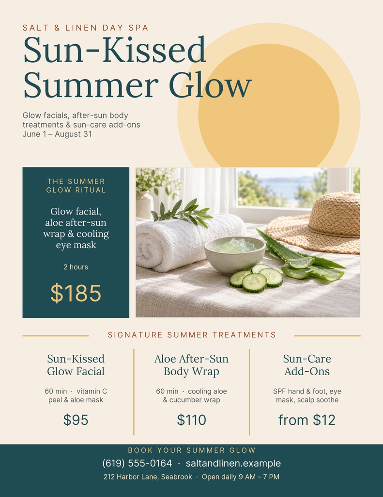 Portrait spa flyer with summer treatments, pricing, a facial photo, and beige and teal design accents.
