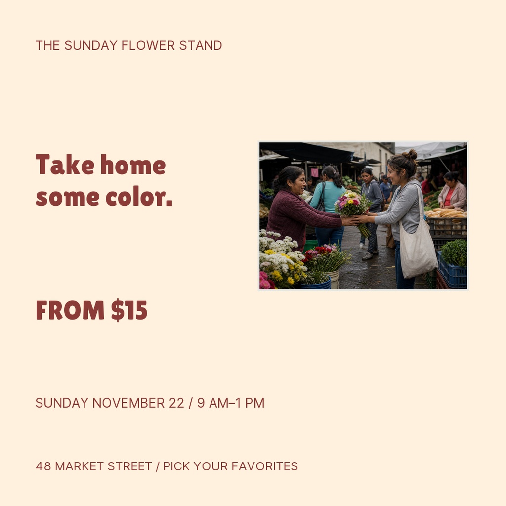 Square flower market poster with text, price details, date, and a small market photo.