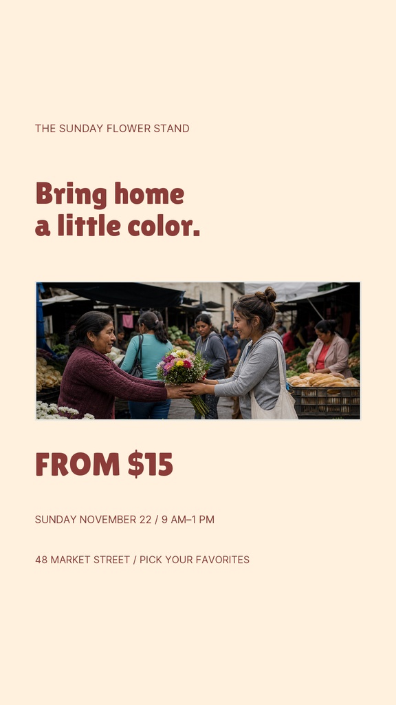Portrait story template with flower market photo, sale price, and event details on a beige background.