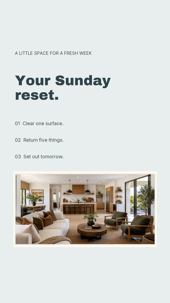 Minimal Instagram Story template with the text Your Sunday reset and a cozy living room photo