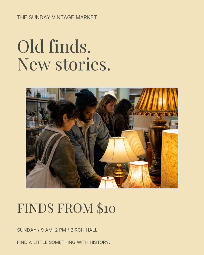 Portrait post template with vintage market text and a shopping scene photo.