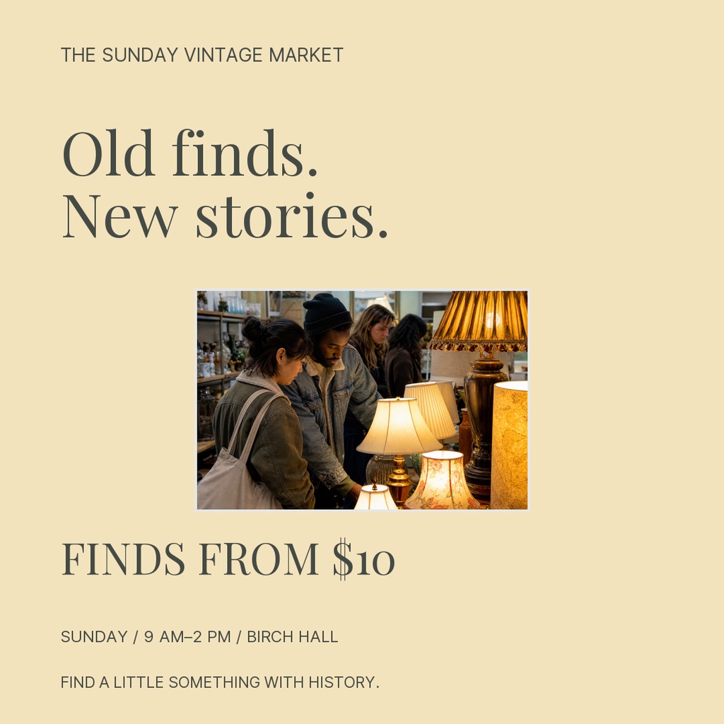 Square poster with vintage market text and a photo of shoppers browsing lamps and antiques.