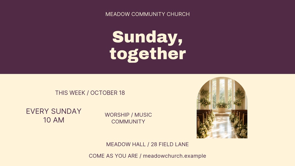 Church announcement graphic with Sunday together text, service time, and warm sanctuary photo.