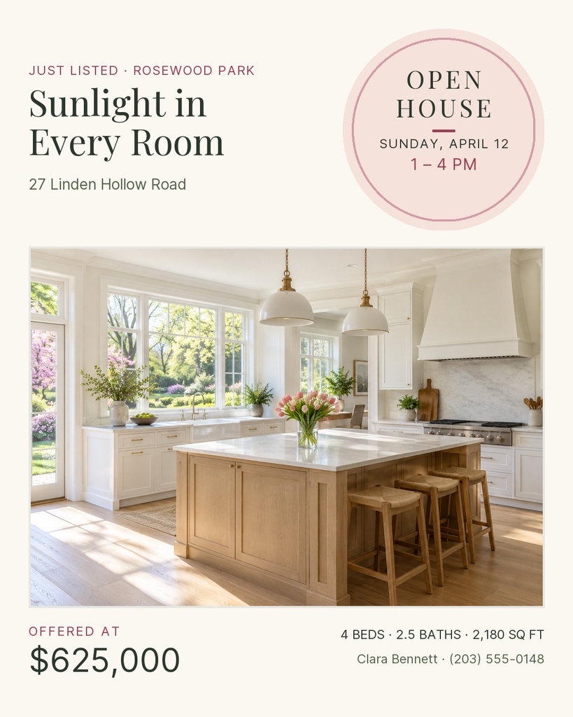 Portrait real estate open house template with a bright kitchen photo and spring listing details.