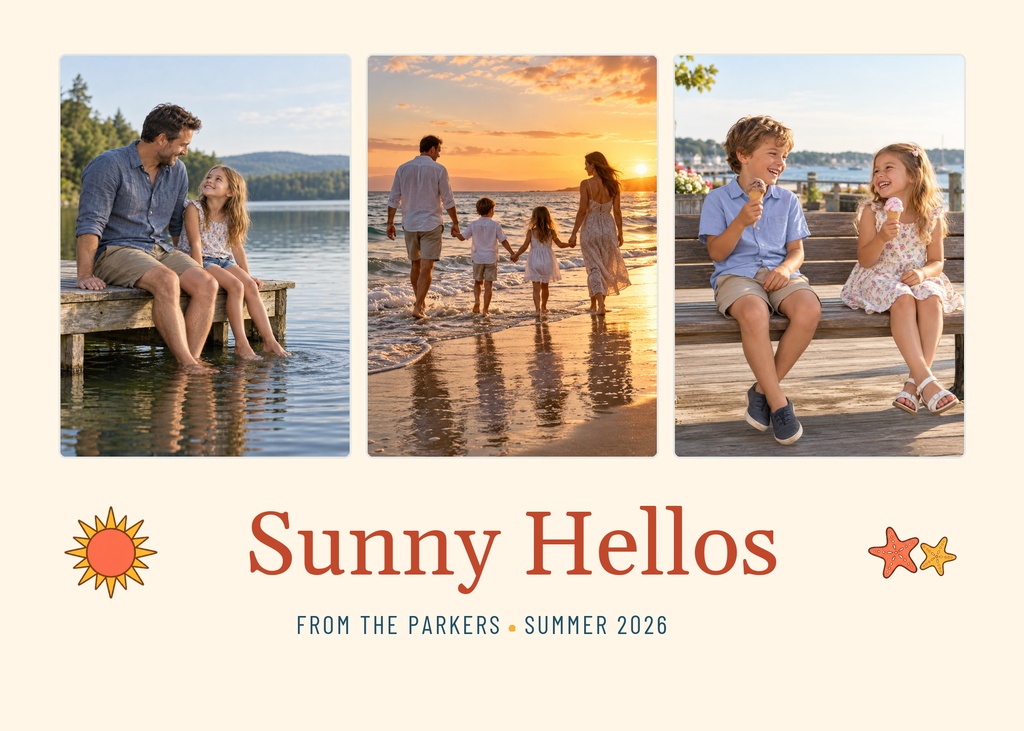 Three family photos above the words Sunny Hellos on a summer greeting card layout