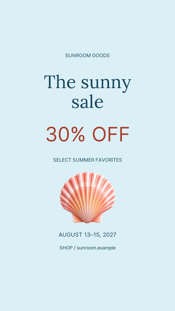 Sky blue Instagram story template with a seashell and sunny sale text.
