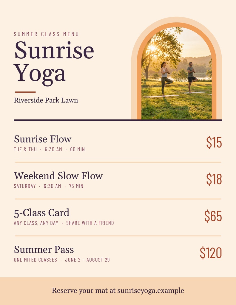 Portrait menu with sunrise yoga title, park photo, class names, and prices.