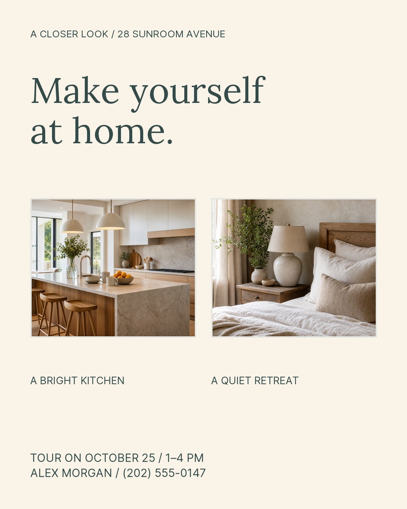 Portrait real estate carousel detail with a large headline, two home interior photos, and open house contact details.
