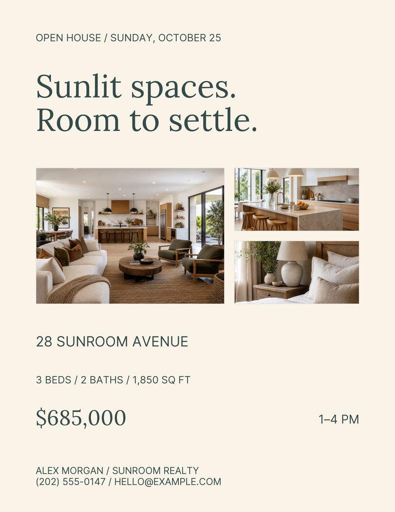 Portrait real estate flyer with sunroom photos, open house details, price, and agent contact information.