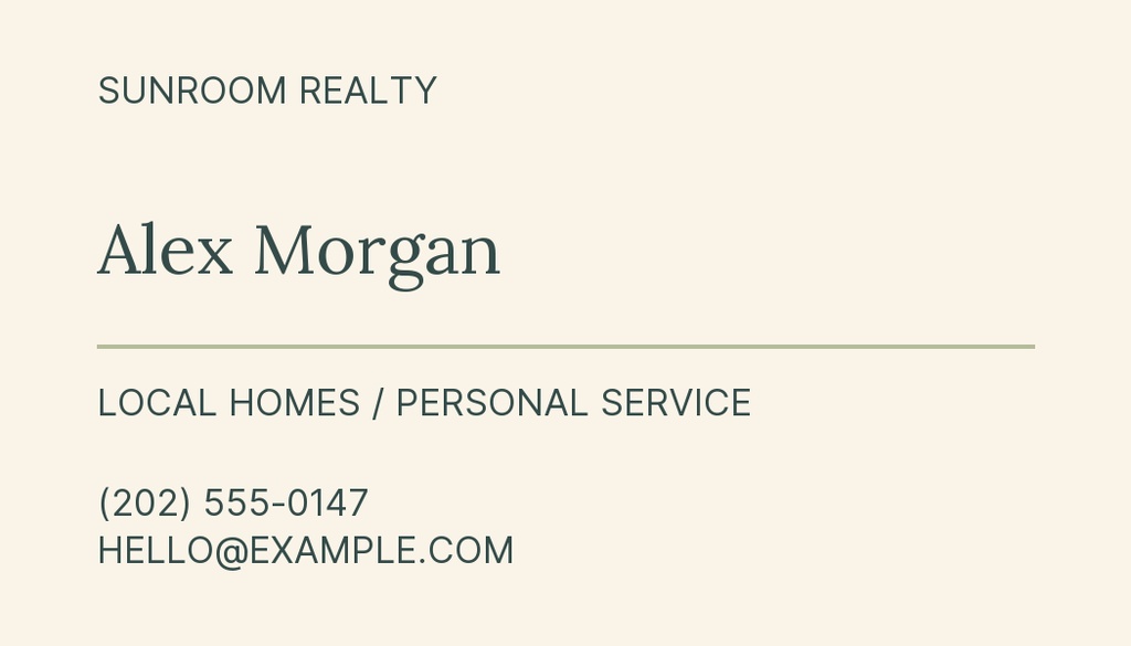 Minimal real estate contact card with Sunroom Realty, agent name, phone number, and email on a light background.