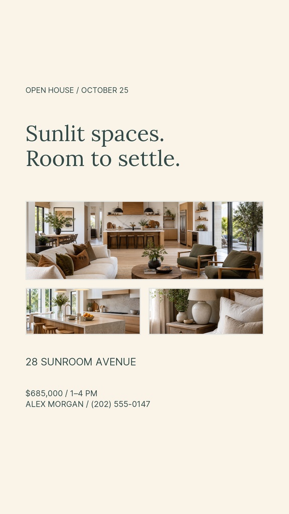 Portrait real estate story opener showing a sunlit living room, kitchen, and sunroom with open house details.