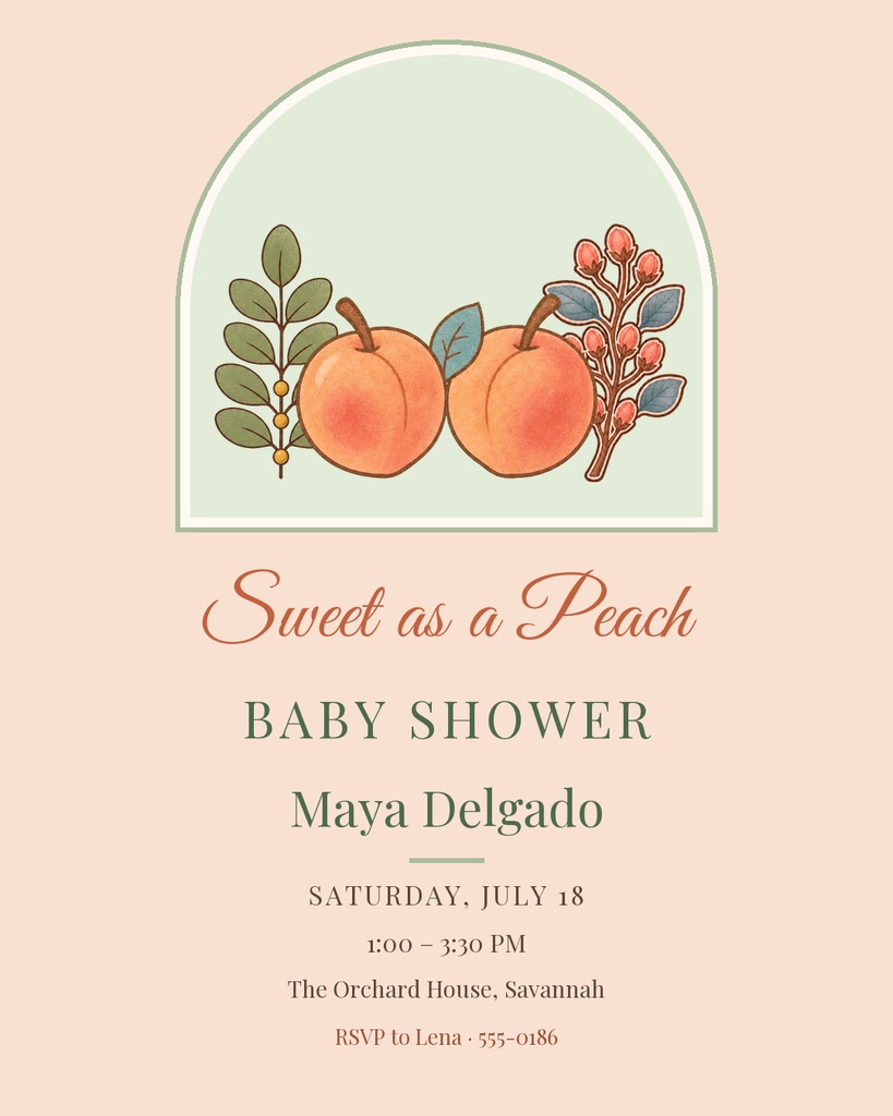Peach baby shower invitation with peaches, leaves, and floral accents on a soft peach background.