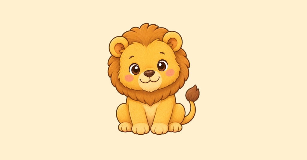 Cute cartoon lion sitting on a light cream background.