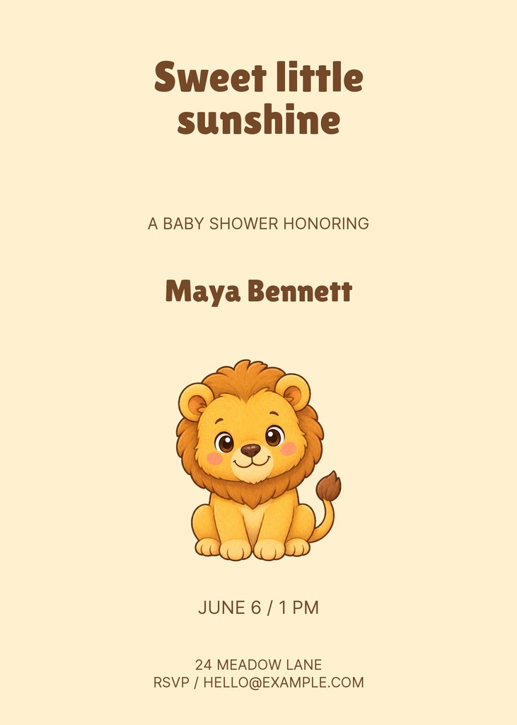 Portrait baby shower invitation with a lion illustration and warm cream background.