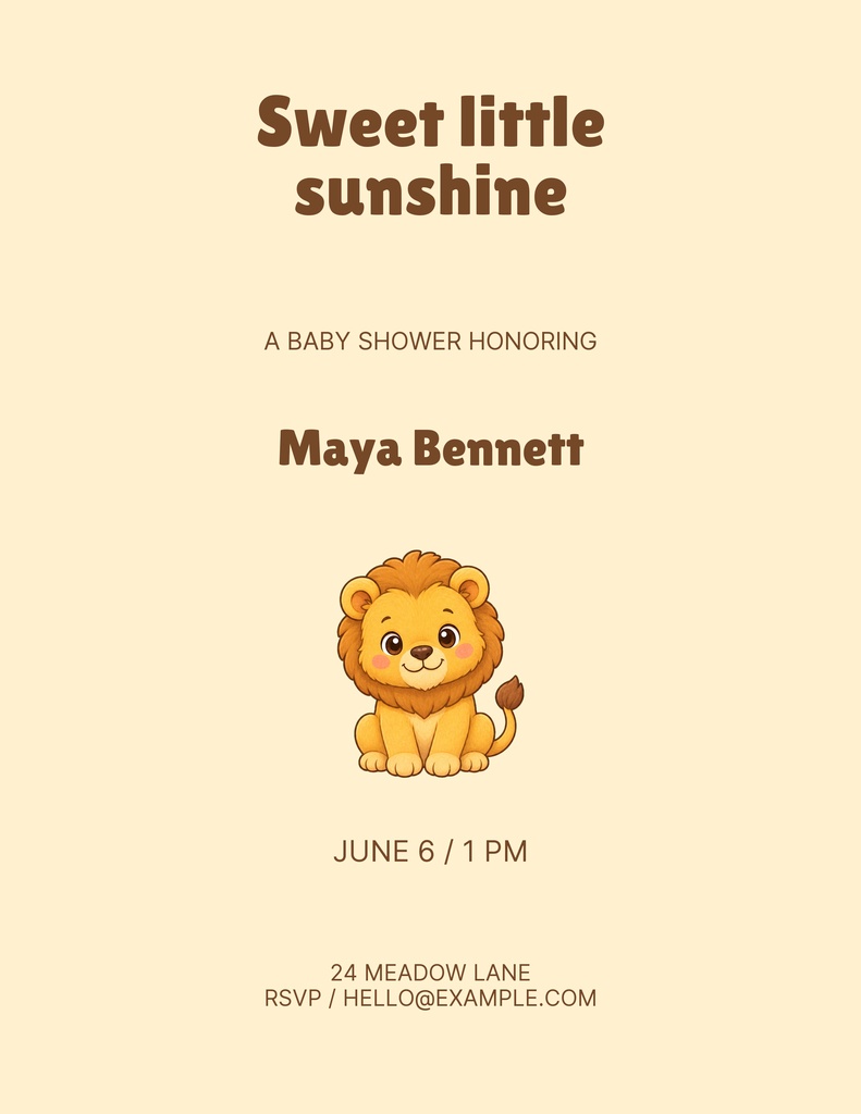 Portrait baby shower invitation with a cute lion and warm beige background