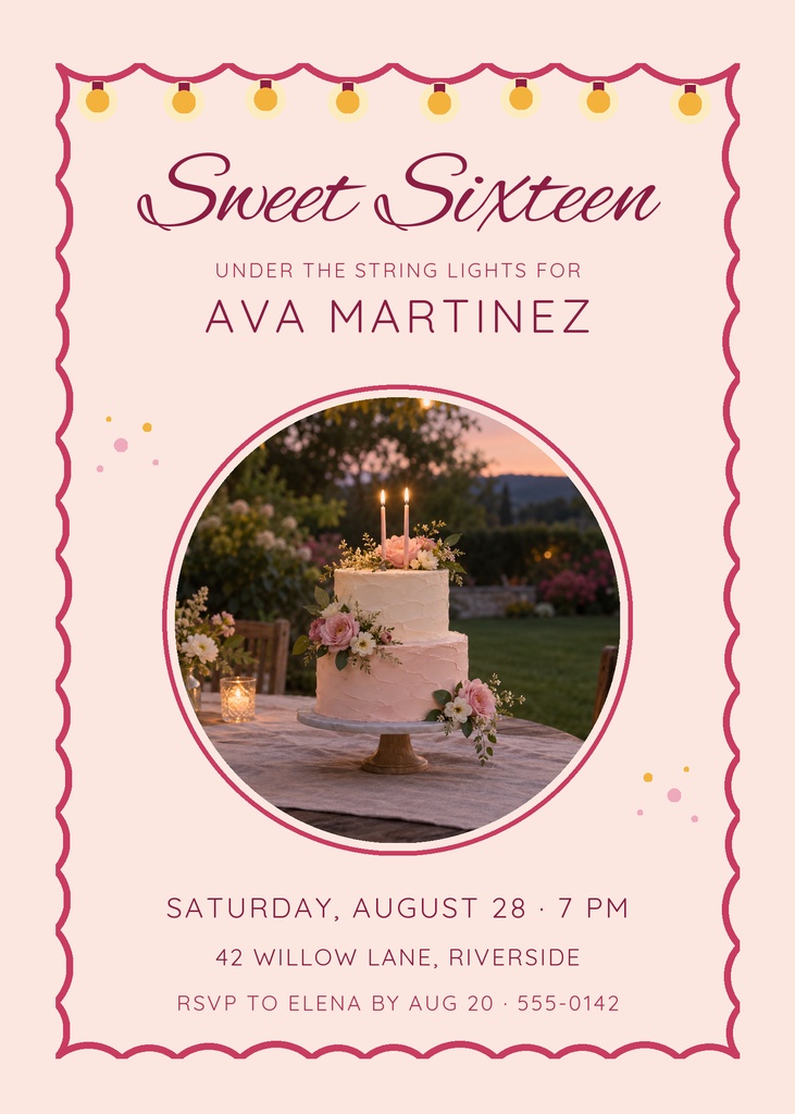 Pink sweet sixteen invitation with scalloped border, string lights, and a cake photo in a circle.