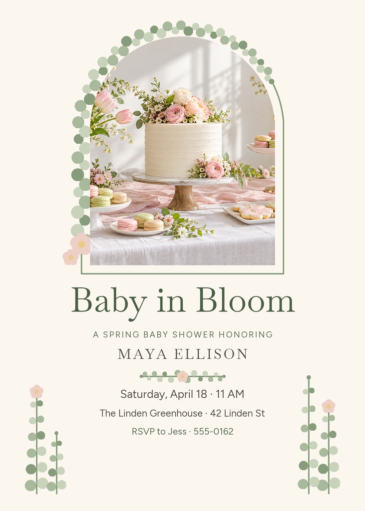 Portrait baby shower invitation with floral border, cake photo, and spring greenery accents