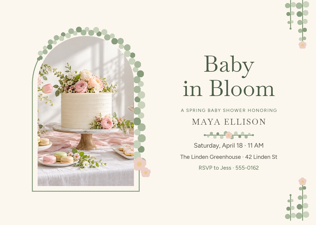 Landscape baby shower invitation with floral arch frame and cake photo beside event details.