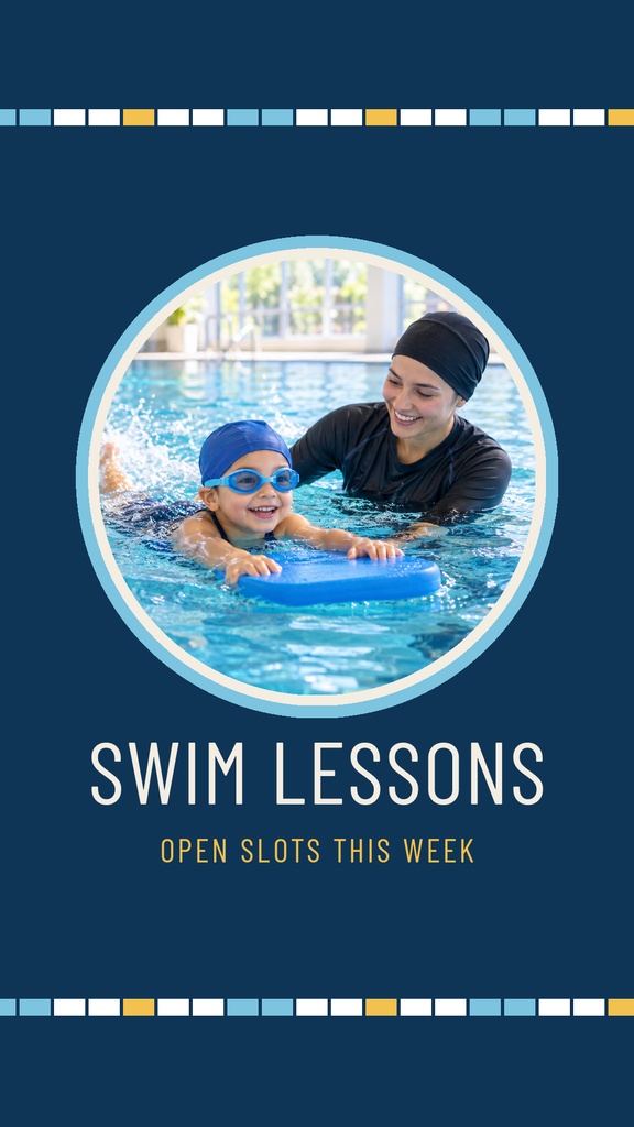 Portrait reel cover with a swimmer and instructor in a pool and the words Swim Lessons open slots this week.