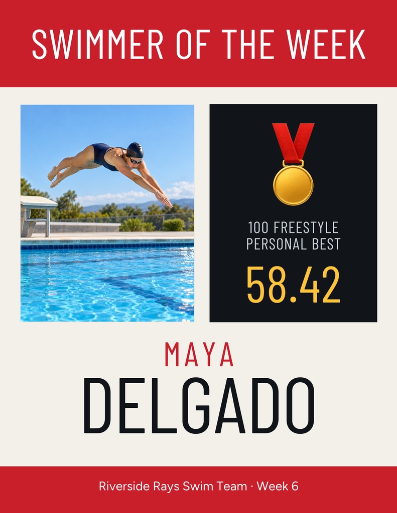 Portrait flyer with swimmer diving above a pool, medal icon, and swimmer of the week text.
