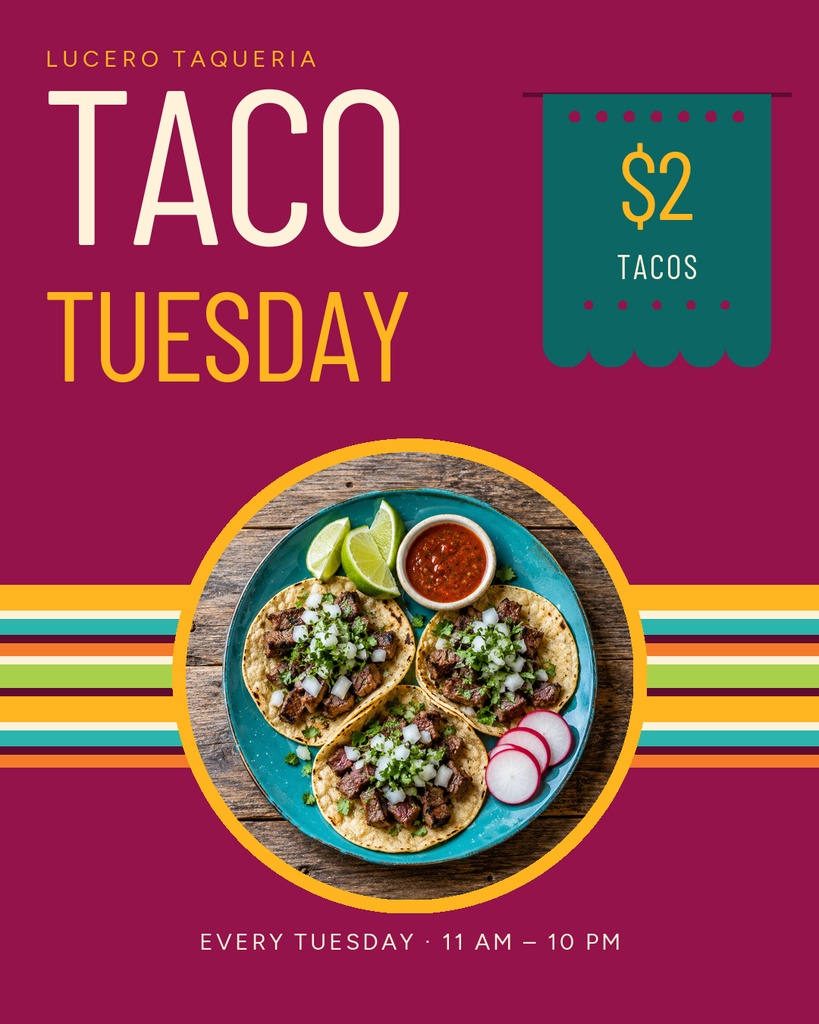 Portrait poster with Taco Tuesday text, taco special price badge, and a photo of tacos on a plate.